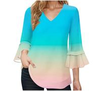 Damen V-Ausschnitt Bluse 3/4 Ärmel Oberteile Tunika Tops Locker Longshirt Lässige T-Shirt Langarm Hemd Happy New Year 2025