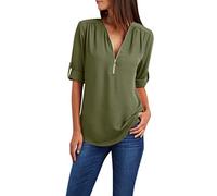 Damen V-Ausschnitt Bluse mit Reißverschluss Elegant Einfarbig Langarmshirt Chiffon Longbluse Große Größen Shirts Tunika Tops Slim Fit T-Shirt Leichte Hemdbluse Oberteile Blusenshirt Hemden 5XL