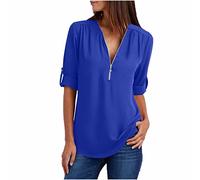 Damen V-Ausschnitt Bluse mit Reißverschluss Elegant Einfarbig Langarmshirt Chiffon Longbluse Große Größen Shirts Tunika Tops Slim Fit T-Shirt Leichte Hemdbluse Oberteile Blusenshirt Hemden 5XL