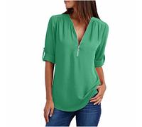 Damen V-Ausschnitt Bluse mit Reißverschluss Elegant Einfarbig Langarmshirt Chiffon Longbluse Große Größen Shirts Tunika Tops Slim Fit T-Shirt Leichte Hemdbluse Oberteile Blusenshirt Hemden 5XL