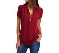 Damen V-Ausschnitt Bluse mit Reißverschluss Elegant Einfarbig Langarmshirt Chiffon Longbluse Große Größen Shirts Tunika Tops Slim Fit T-Shirt Leichte Hemdbluse Oberteile Blusenshirt Hemden