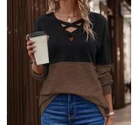 Damen V-Ausschnitt Bluse mit Überkreuz-Design, locker sitzend, langärmlig, Schwarz Kaffee, XL
