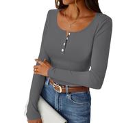 Damen V-Ausschnitt Button Down Langarmshirt Herbst Stretch Pullover Slim Fit Rippshirt Basic Langarm Oberteile Sexy Strickpullover Gerippt Tops Elegant Pulli Ribbed Shirt(Gray,S)