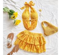 Damen V-Ausschnitt Cut Out Ausgeschnitten Trägerhemd & Mini-Rock 2-teiliges Set, gestrickte Textur, geeignet für Urlaub, Date, Nachmittagstee, Ferien,
