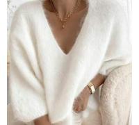 Damen V-Ausschnitt einfarbiger feiner Samt Strickpullover Weiß Urlaub