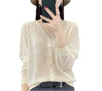 Damen V-Ausschnitt Eisseide Cardigan Sommer Langarm Lose Strickoberteil Solide Transparente Strickjacke, beige, S