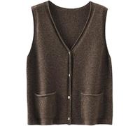 Damen V-Ausschnitt Falten Ärmellos Kaschmir Strickweste mit Tasche Casual Lose Knopfleiste Cardigan Frühling Herbst Oberbekleidung, braun, L