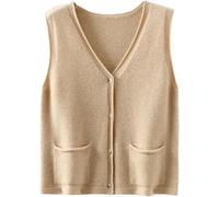Damen V-Ausschnitt Falten Ärmellos Kaschmir Strickweste mit Tasche Casual Lose Knopfleiste Cardigan Frühling Herbst Oberbekleidung, hellbeige, L