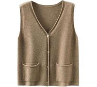 Damen V-Ausschnitt Falten Ärmellos Kaschmir Strickweste mit Tasche Casual Lose Knopfleiste Cardigan Frühling Herbst Oberbekleidung, Dunkles Camel, L