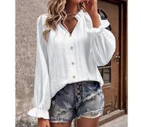 Damen V-Ausschnitt gestreifte Lantern-Ärmel Rüschenbluse, Größe S-XL