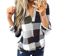 Damen V-Ausschnitt Kariert Bluse 3/4 Ärmel Kurzarm Tunika Tops Longshirt Hemd T-Shirt - Karierte Bluse Damen,Karo T-Shirts,Tunika Damen Große Größen Blusen & Tuniken für Frauen Teenager Mädchen