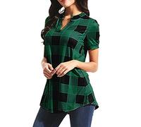 Damen V-Ausschnitt Kariert Bluse Kurzarm Tunika Tops Longshirt Hemd T-Shirt Bluse Frauen Oberteile Elegant Sexy Tops Kariert V-Ausschnitt Hemd