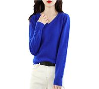 Damen V-Ausschnitt Kaschmir Pullover Lose Pullover Basic Strickwear Top, blau, L