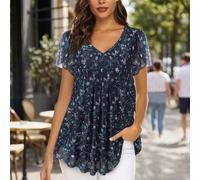 Damen V-Ausschnitt Kurzarm Lässig Bluse mit doppellagigem Mesh locker geschnitten Top Urlaub Sommer, Boho Chic