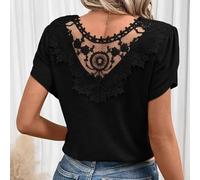 Damen V-Ausschnitt Kurzarm Top mit doppellagigem Rüschenrand - einfarbig, lässige Sommerbluse für den täglichen Gebrauch, Urlaub, Strand (schwarz, L)
