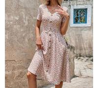 Damen V-Ausschnitt Kurzarm Weißes Blumenmuster Holzknöpfe Midi-Kleid, Sommer Boho Romantisch Tropisch Elegant Urlaub Picknick Ferien A-Linie Kleines B