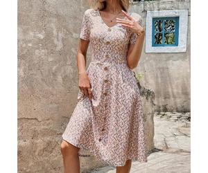 Damen V-Ausschnitt Kurzarm Weißes Blumenmuster Holzknöpfe Midi-Kleid, Sommer Boho Romantisch Tropisch Elegant Urlaub Picknick Ferien A-Linie Kleines B