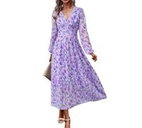 Damen V-Ausschnitt Langarm Wrap Maxikleid A Linie Empire-Taille Herbst Hochzeit Gast Party Casual Chiffon Kleid, Violette Blume, Groß