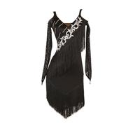 Damen V-Ausschnitt Latein Tanzkleider Quaste Saum Latein Turnierkleid Ballsaal Lange Ärmel Salsa Samba Cha Cha Kostüm Dame Tango Tanzkleid Partykleid Tänzerin,XXL