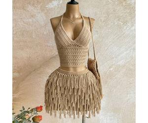 Damen V-Ausschnitt Neckholder Rückenfrei Crop Top und Fransen Saum Mini Rock 2-teiliges Set, geeignet für Party, Weihnachten, Date Night, Nachtclub, B