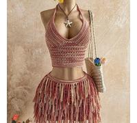 Damen V-Ausschnitt Neckholder Rückenfrei Crop Top und gefranstes Mini-Rock 2-teiliges Set, geeignet für Party, Weihnachten, Date, Nachtclub, Boho, Url