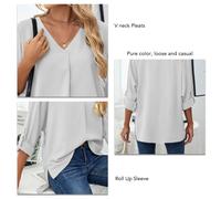 Damen V-Ausschnitt Plissierte Chiffon-Bluse Lockerer Schnitt Weiß XL