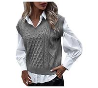 Damen V-Ausschnitt Pullunder Strickweste Ärmellos Strickpullover Casual Einfarbig Stricken Weste Winter Strick Tank Top Sweater Ärmelloser Pullunder 2025 Fall Bekleidung (Grey, XL)