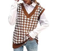 Damen V-Ausschnitt Pullunder Vintage Hahnentritt Karierte Strickweste Ärmellose Pullover Strickpullunder Casual Strick Tank Top Sweater Mädchen Herbst Preppy Style Karierte Stricken Weste Kaffee M