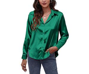 Damen V-Ausschnitt Shirts Langarm Satin Bluse Casual Elegant Tops Glänzende Seide wie Revers Shirts für Dame für Büro Arbeit Business Hochzeit Abend Party Grün L