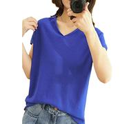 Damen V-Ausschnitt Strick-T-Shirt Basic T-Shirts Kurzarm, D1377 Bao Blue, X-Large