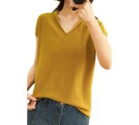 Damen V-Ausschnitt Strick-T-Shirt Basic T-Shirts Kurzarm, D1377 Jiang Yellow, Small