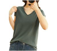 Damen V-Ausschnitt Strick-T-Shirt Basic T-Shirts Kurzarm, D1377 Qing Shi wie abgebildet1, Small