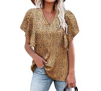 Damen V-Ausschnitt Top mit Rüschen, Kurzarm, Khaki-Leopard, Größe M