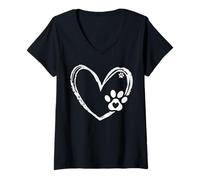 Damen Valentines Day Paw Dog Heart Paws Cute Dog Cat Lover T-Shirt mit V-Ausschnitt