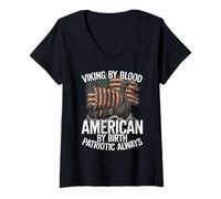 Damen Viking By Blood American By Birth Patriotisch Nordisch Stolz T-Shirt mit V-Ausschnitt