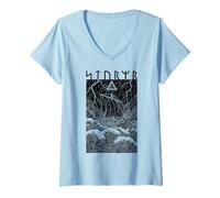 Damen Viking Warrior Ship Storm Old Norse Mythology Runen Graphic T-Shirt mit V-Ausschnitt