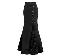 Damen Viktorianische Steampunk Rock Gekräuselt Vintage Bodycon Lang Röcke Fischschwanz Meerjungfrau Maxirock XL Schwarz