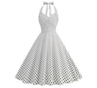 Damen Vintage 1950Er Neckholder Schnürung Rücken Cocktail Party Swing Kleider Rockabilly Polka Dot Floral Sommer A Linie Midikleid Party Abend Ballkleid Weiß M