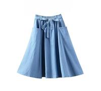 Damen Vintage A Linie Jeansrock Knielang Retro Hoch Tailliert Midi Party Jeansrock mit Taschen und Gürtel Basic Halbkleid für Urlaub Ausgehen Hellblau Einheitsgröße