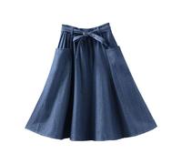 Damen Vintage A Linie Jeansrock Knielang Retro Hoch Tailliert Midi Party Jeansrock mit Taschen und Gürtel Basic Halbkleid für Urlaub Ausgehen Blau Einheitsgröße