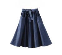 Damen Vintage A Linien Jeansrock, Knielang, Retro, Hohe Taille, Midi Party Jeansrock mit Taschen und Gürtel, Basic Halbkleid für Urlaub, Ausgehen, Marineblau, Einheitsgröße