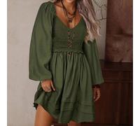 Damen Vintage Apricot V-Ausschnitt Häkel Patchwork Langarm Elastische Taille Lockerer Saum Bohème Stil Minikleid, Herbst/Winter, Cut-Out