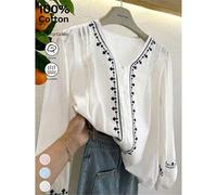 Damen Vintage bestickte lockere Boho-Stil halbtransparente Frühling Sommer Herbst Casual Baumwollbluse, weißes Hemd, Herbstbluse, Herbsttop, weißes To