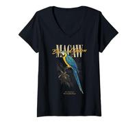 Damen Vintage Blau-Gelb Ara Vogelkunst Naturbeobachtung T-Shirt mit V-Ausschnitt