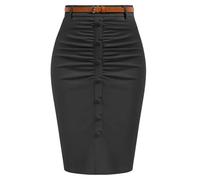 Damen Vintage-Bleistiftrock, plissierter, Figurbetonter Rock mit Gürtel, Bleistiftrock mit hoher Taille, Overall, Schwarz, M