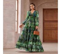Damen Vintage Blumen Langarm Volant Saum Maxi Kleid, Taille ohne Stretch, Empfohlen für Frauen mit großer Oberweite, Frühlings-Eleganz