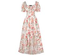 Damen Vintage Blumenkleider Rüschen Saum Puffärmel A-Linie Midi Casual Corsagenkleid Weiß Orange XL