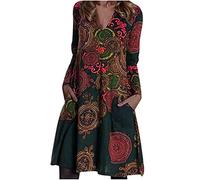 Damen Vintage Blusenkleid V-Ausschnitt Herbst Winter Kleid mit Blumendruck Casual Rundhals Tunika Tops Kleider Frauen Lose Boho Retro Tshirt Langarmkleid Elegant