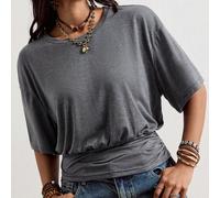 Damen Vintage Boho Stil | Gewaschenes dunkelgraues Rundhals Kurzarm T-Shirt - Seitlicher Kordelzug geraffte Taille Crop Top Sommer Lässig Basic T-Shir