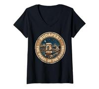 Damen Vintage Budapest Pearl of the Danube Chain Bridge T-Shirt mit V-Ausschnitt